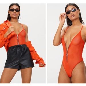 Orange mesh thong bodysuit